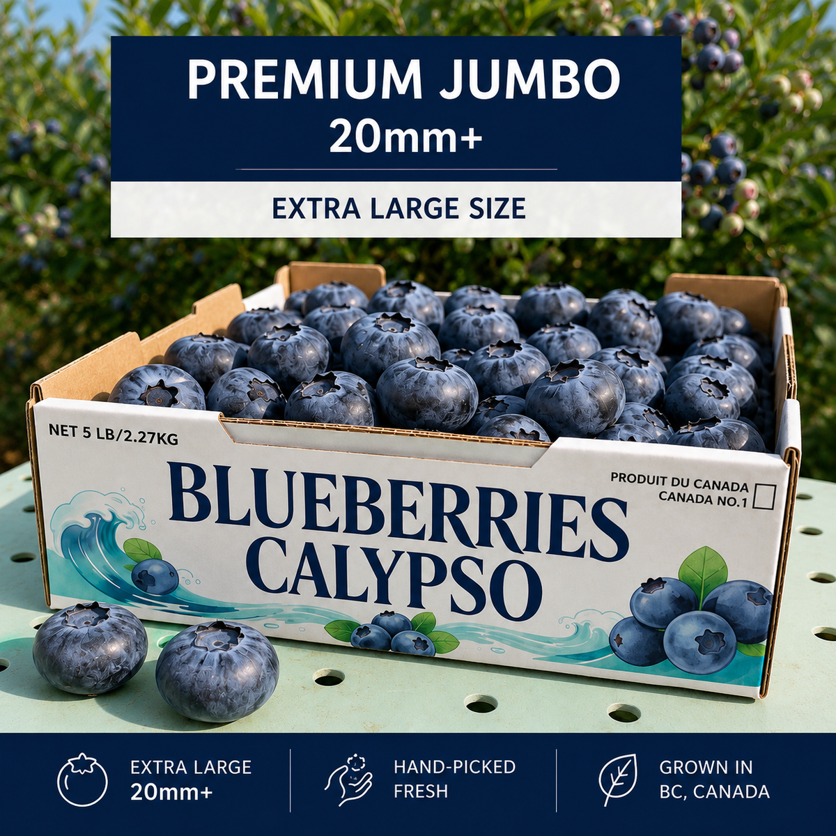 Jumbo Calypso blueberries 20mm+ in branded cardboard farm box with berries