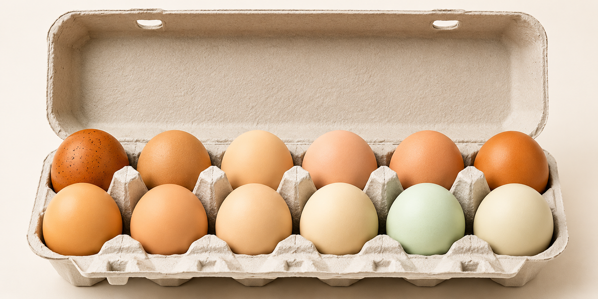 Open egg carton holding large white, brown, and green eggs in tray